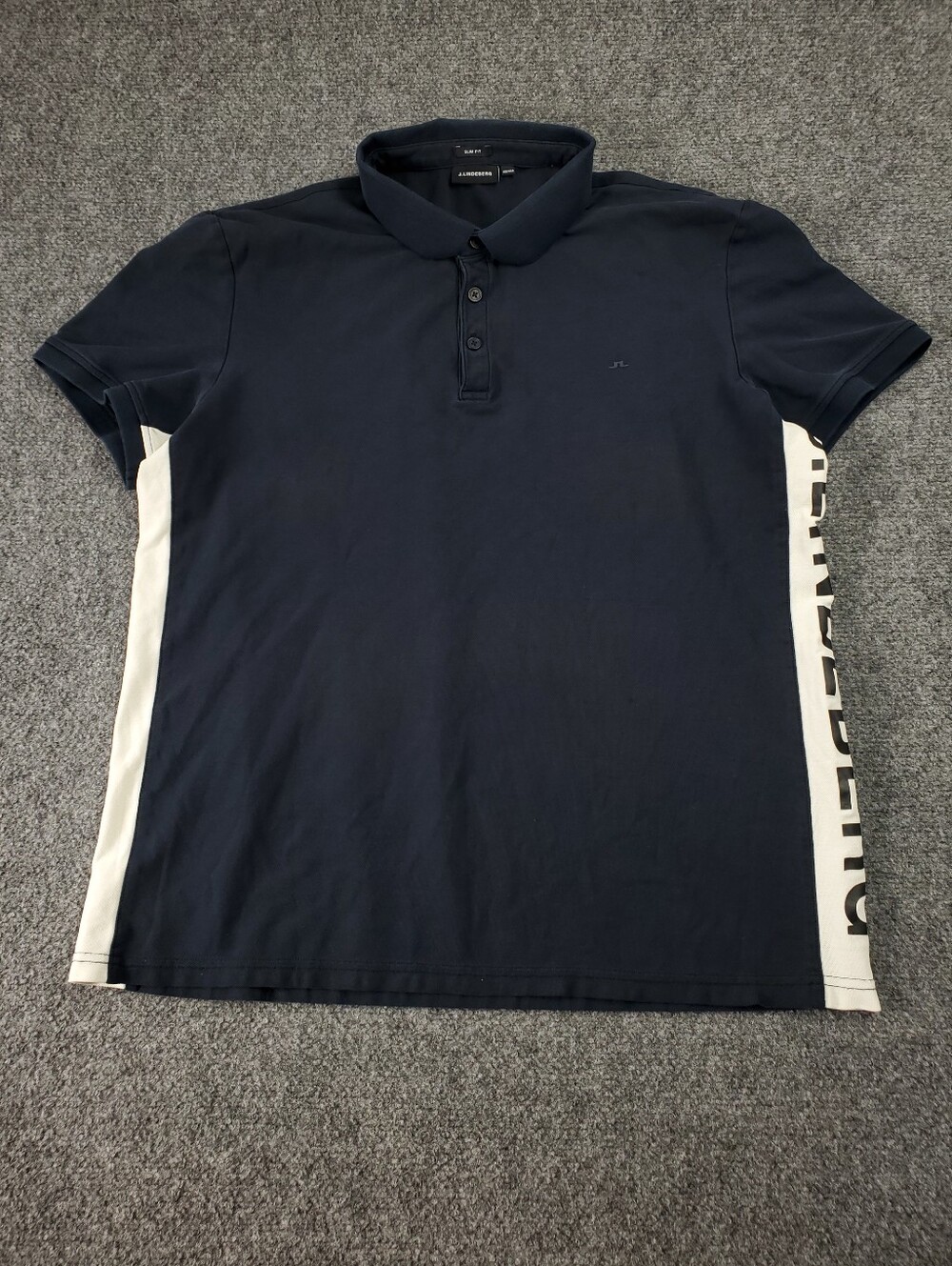 J Lindeberg Slim Fit Golf Polo Shirt Mens XL Navy Blue Side Stripe Logo Spellout
